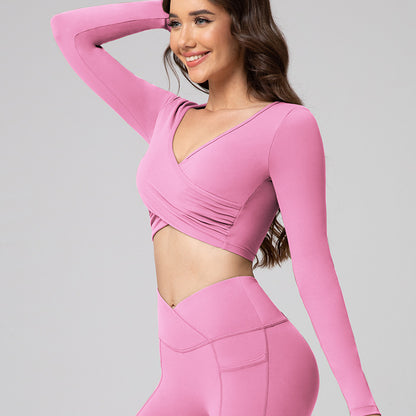 Feiyue European and American Sexy Cross Deep V Short Leaky Waist Solid Color Fitness Sports Leisure Long Sleeve Yoga Clothes Top for Women