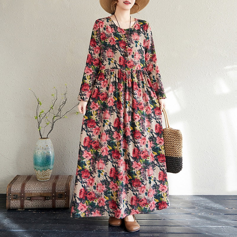 2025 Early Spring New Style Color Holiday Style Travel Crewneck Long Sleeve Retro Long Dress Women's Mat Covering Cotton and Linen dress