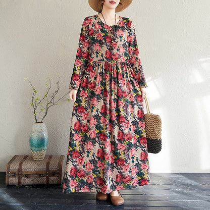 2025 Early Spring New Style Color Holiday Style Travel Crewneck Long Sleeve Retro Long Dress Women's Mat Covering Cotton and Linen dress