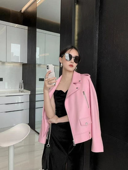2025 Spring and Autumn New Korean Style Short Women's Pu Women's Large Size Leather Jacket Slim Motorcycle Jacket Small Leather Jacket