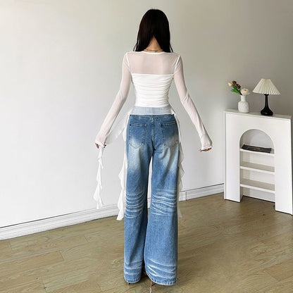 Irregular Ruffled Strap Shoulder T-shirt Women's Early Autumn Niche Design Sense Slim-fit Slimming Hot Girl Sexy Top