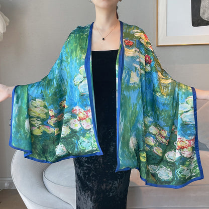 Van Gogh Monet oil painting double-sided double-layer silk scarf women's long 180x70 new silk satin popular fashion scarf shawl New