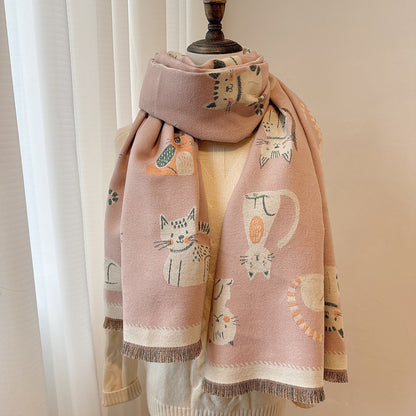 Cartoon Cute Cat Double-Sided Double-Wearing Imitation Cashmere Women's Winter Thickened Warm Neck Shawl Student Soft