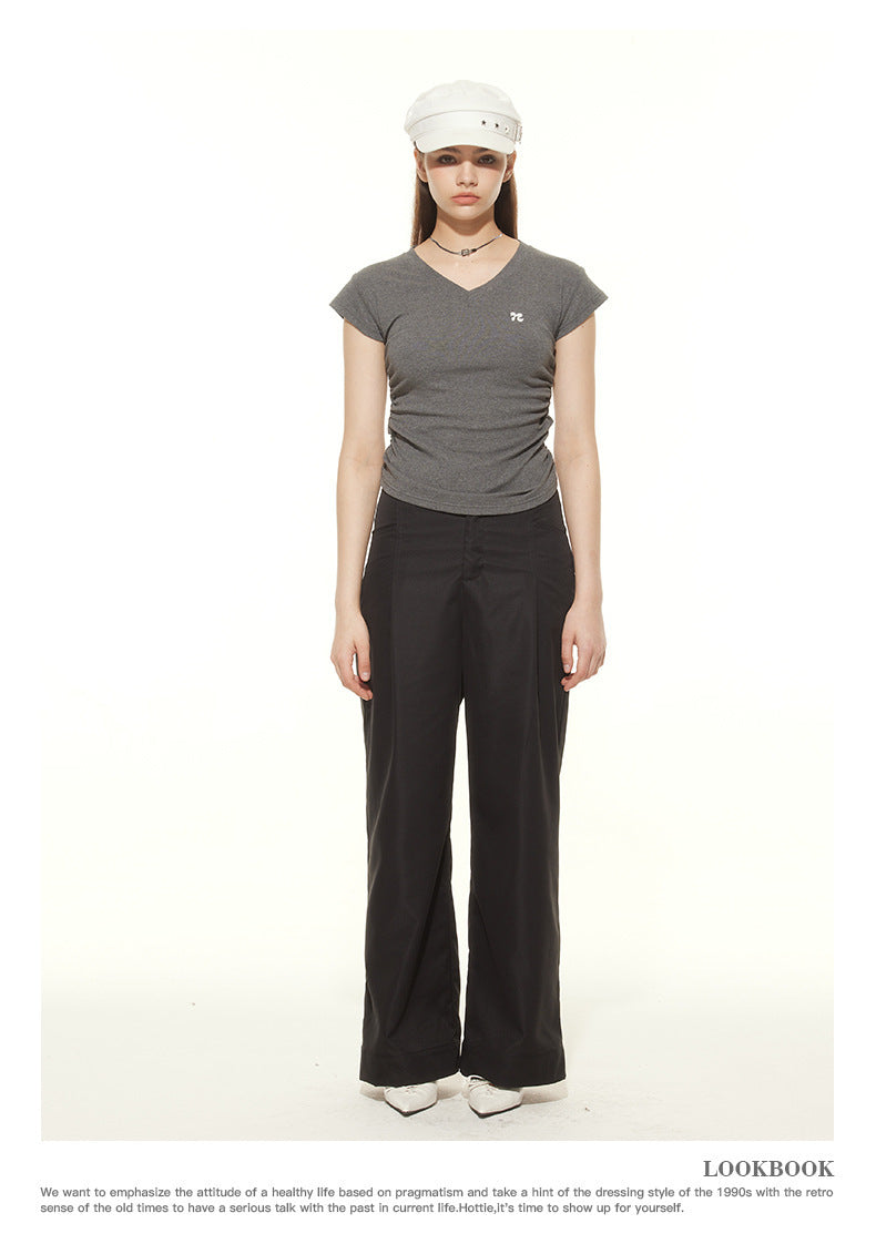 Heyhenry 2025 Summer Pleated Short-Sleeved T-Shirt Women's Niche Design Sexy Short Pinch Waist Niche Top