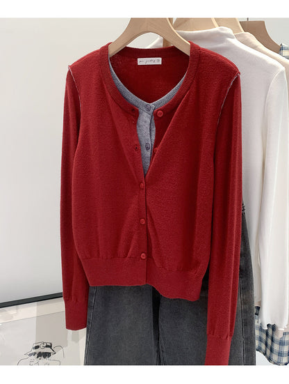 Beautiful V-neck Fake Two-piece Sleeve Knitted Cardigan Jacket Women's 2024 Autumn and Winter Western Style Unique Chic Slim Small Top