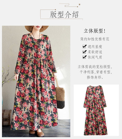 2025 Early Spring New Style Color Holiday Style Travel Crewneck Long Sleeve Retro Long Dress Women's Mat Covering Cotton and Linen dress