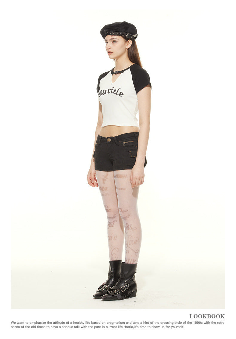 HeyHenry European and American Spice Girls Fashion Hollow Design Letter Print Contrast Color Short-sleeved T-shirt Women's Navel Top