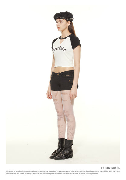 HeyHenry European and American Spice Girls Fashion Hollow Design Letter Print Contrast Color Short-sleeved T-shirt Women's Navel Top