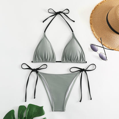 European and American Solid Color Split Swimsuit Women's Sexy Bikini Cross-border Hot Tight Gather Deep V High-end Swimsuit Women