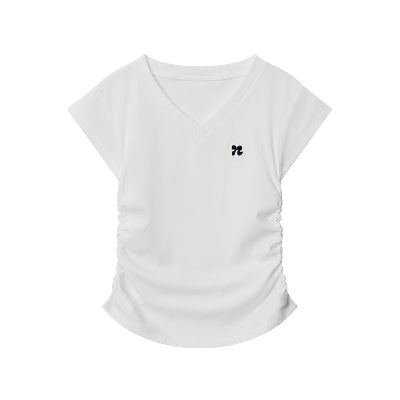 Heyhenry 2025 Summer Pleated Short-Sleeved T-Shirt Women's Niche Design Sexy Short Pinch Waist Niche Top