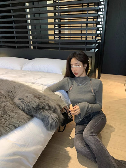 Pure Desire Thread Velvet Tight Inner Half-High Neck T-Shirt Women's Spring and Autumn Design Sense Hollow Base Shirt Top