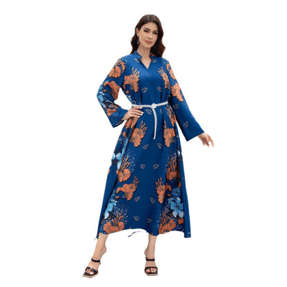 Sw0839 Middle Eastern Cross-Border Muslim Ladies Robe Printed Accessible Luxury Pearl Belt Jumabiya Dress
