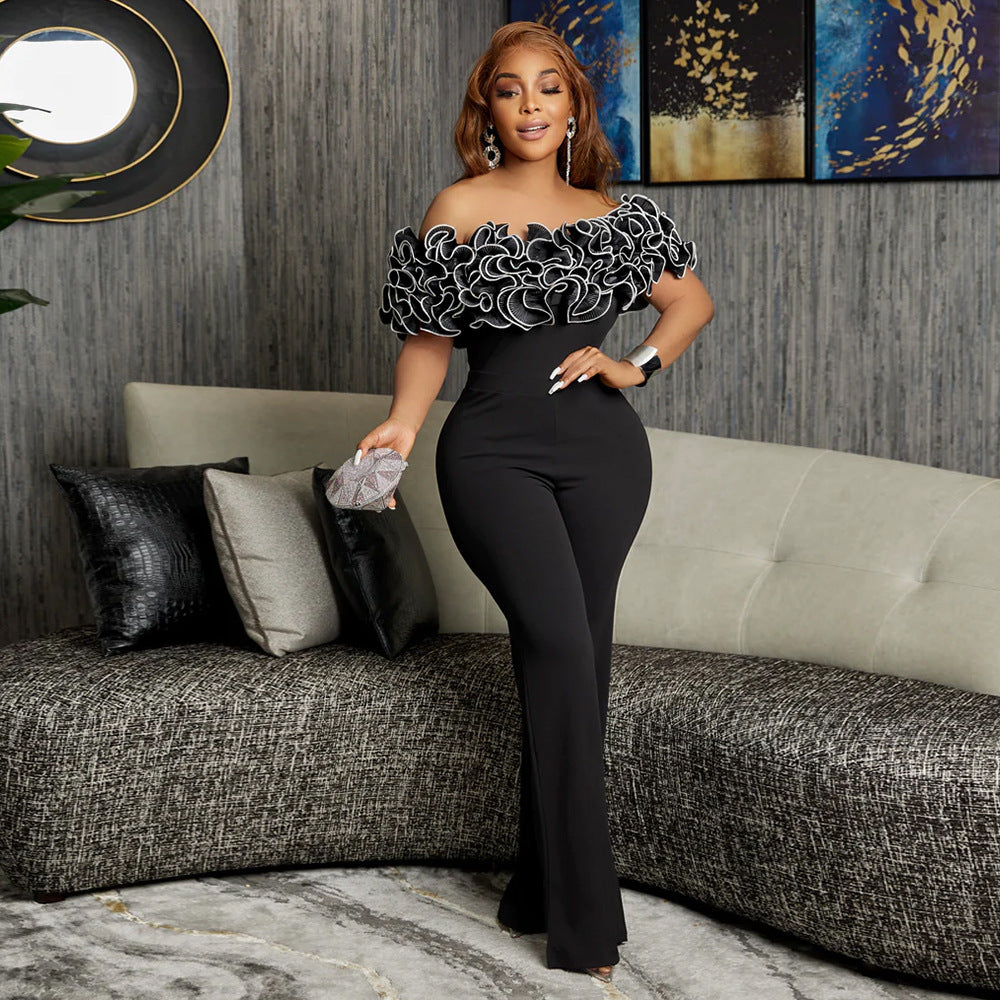 C8593 Cross-border Women's 2024 New Shoulder Collar Ruffled Sexy High Waist Solid Color African jumpsuit