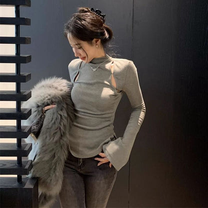 Pure Desire Thread Velvet Tight Inner Half-High Neck T-Shirt Women's Spring and Autumn Design Sense Hollow Base Shirt Top
