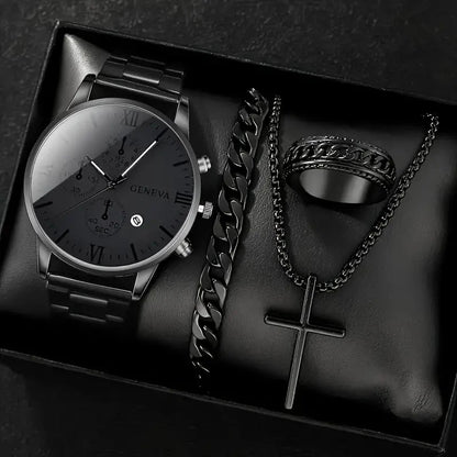 Men's 4-piece Luxury Stainless Steel Quartz Watch with Calendar Gold Cross Necklace Bracelet and Ring