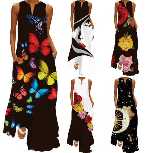 Cross-Border Women's Clothing Amazon Ebay 2026 New European and American Spring and Summer Fashion Printed Sexy Pocketed Long Dress