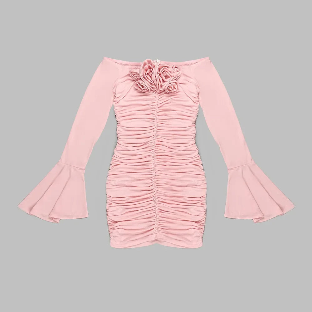 In Stock | European and American Cross-Border Spring and Summer Pink Floral Ruched Long-Sleeve Dress Women's Fitted Short Dress