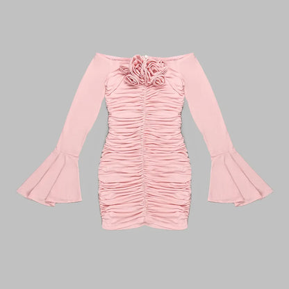 In Stock | European and American Cross-Border Spring and Summer Pink Floral Ruched Long-Sleeve Dress Women's Fitted Short Dress