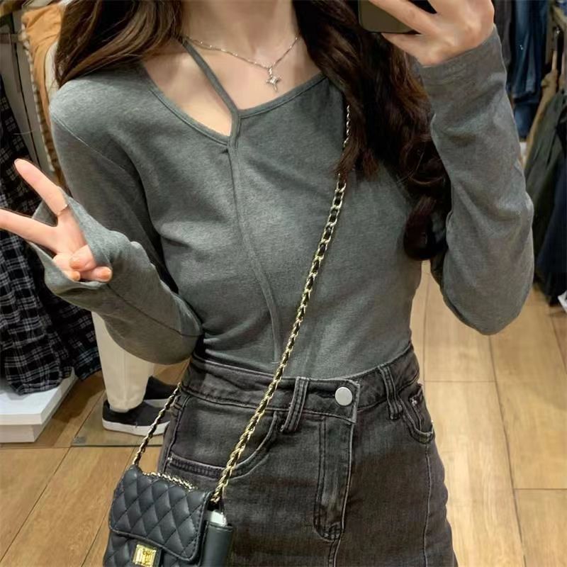 American Style Design Irregular Long-sleeved T-shirt Women's 2024 Spring and Autumn New Slim-fit Slimming Temperament Base Top