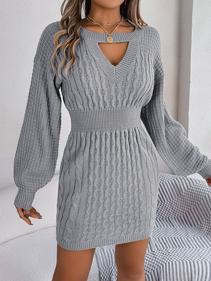 Autumn Winter Solid Color Woolen Dress O-Neck Lantern Sleeve Hollow Out Knitted Dresses for Women Fashion Casual Vestidos