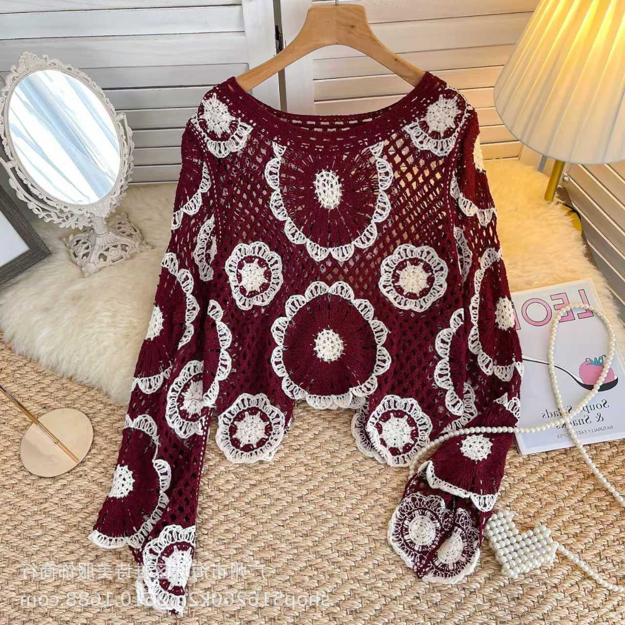 Early Autumn Design Sense Hollow-out Crochet Sweater Women's New Spice Girl Western Style Loose All-match Long-sleeved Top