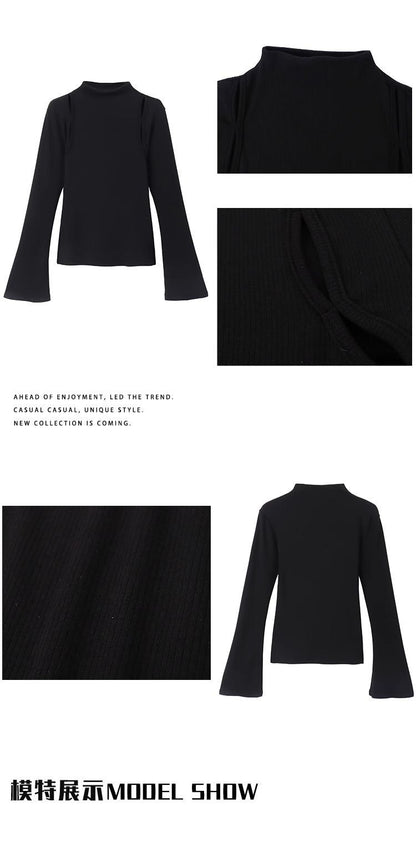 Pure Desire Thread Velvet Tight Inner Half-High Neck T-Shirt Women's Spring and Autumn Design Sense Hollow Base Shirt Top