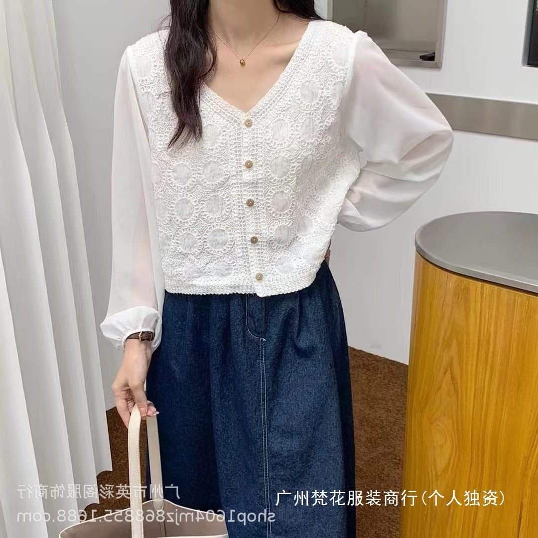 Spring and Summer All-match Sunscreen Stitching Chiffon Cardigan Long-sleeved Puff-sleeved Women's Niche Top Loose Western-style Coat