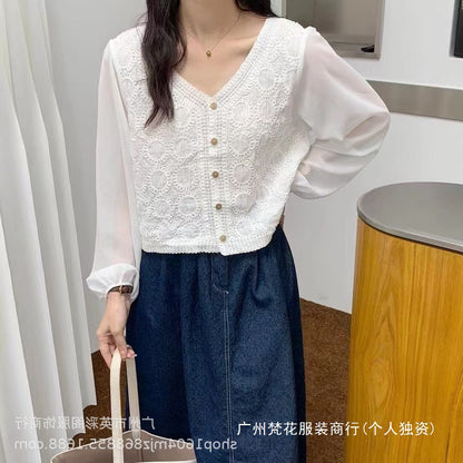 Spring and Summer All-match Sunscreen Stitching Chiffon Cardigan Long-sleeved Puff-sleeved Women's Niche Top Loose Western-style Coat