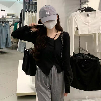 American Style Design Irregular Long-sleeved T-shirt Women's 2024 Spring and Autumn New Slim-fit Slimming Temperament Base Top
