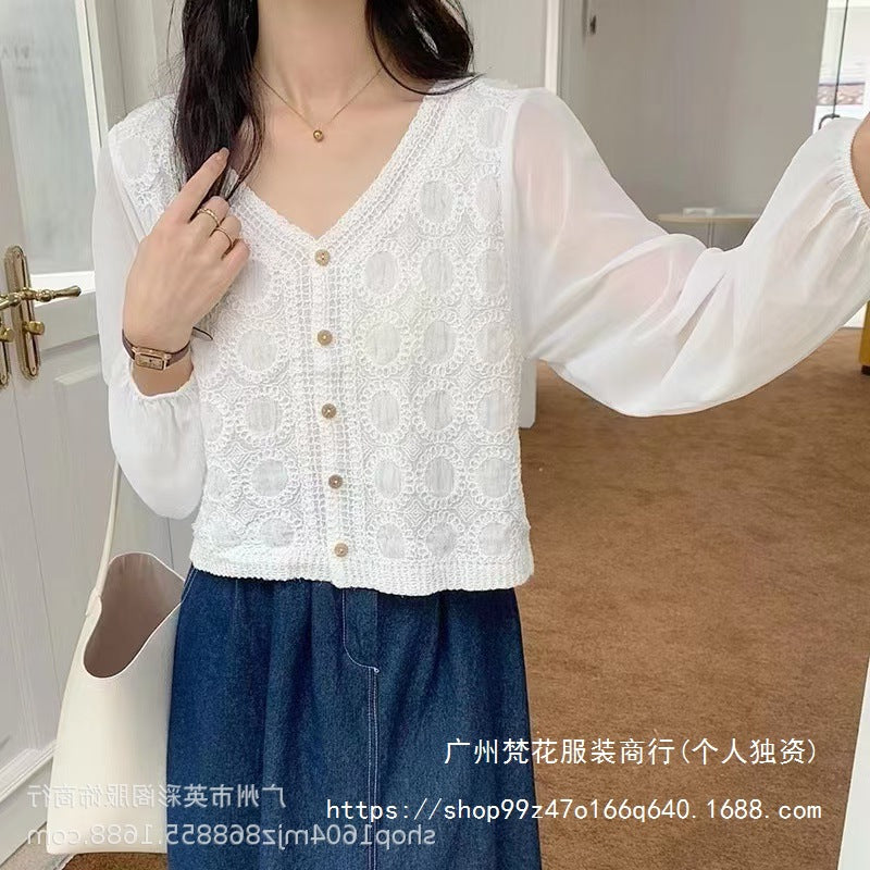 Spring and Summer All-match Sunscreen Stitching Chiffon Cardigan Long-sleeved Puff-sleeved Women's Niche Top Loose Western-style Coat