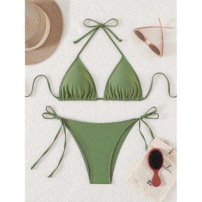 European and American Solid Color Split Swimsuit Women's Sexy Bikini Cross-border Hot Tight Gather Deep V High-end Swimsuit Women