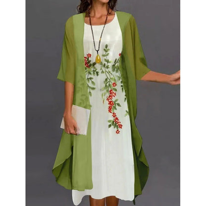 2024 European and American Amazon Summer Women's Casual dress Two-Piece Flower-Print Round Neck Slim-Fit Dress Women