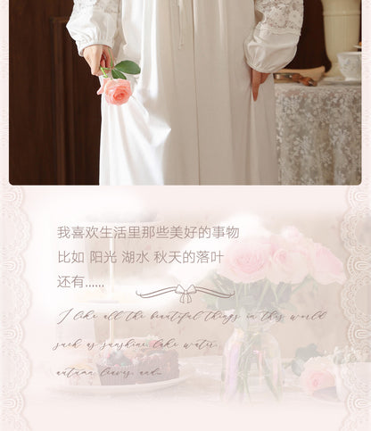 Women's long-sleeved nightdress spring cotton court style French lace princess temperament long pajamas can be worn outside home wear autumn and winter