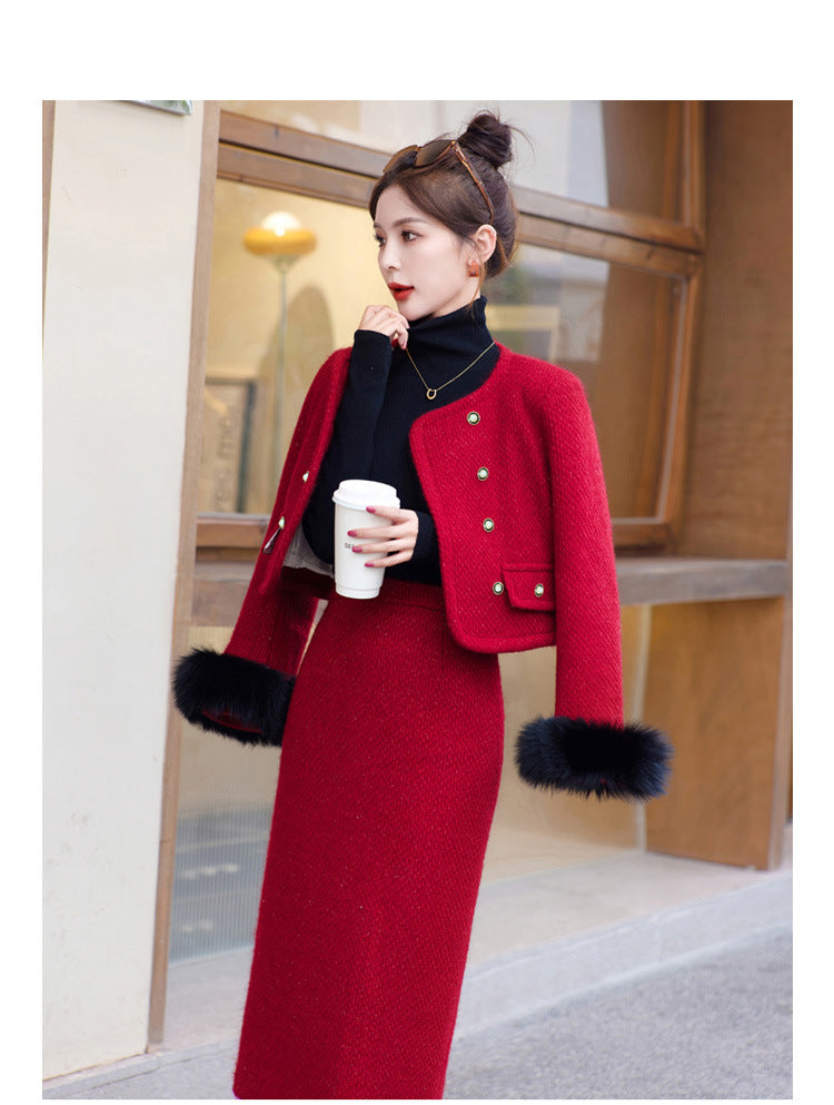 2024 Winter New Style Liner White Duck Down Jacket Real Hair Chanel Style suit Women's Light Luxury Socialite Skirt Two-piece Set