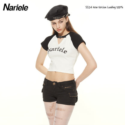 HeyHenry European and American Spice Girls Fashion Hollow Design Letter Print Contrast Color Short-sleeved T-shirt Women's Navel Top