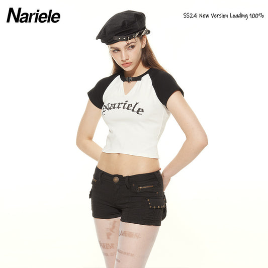 HeyHenry European and American Spice Girls Fashion Hollow Design Letter Print Contrast Color Short-sleeved T-shirt Women's Navel Top