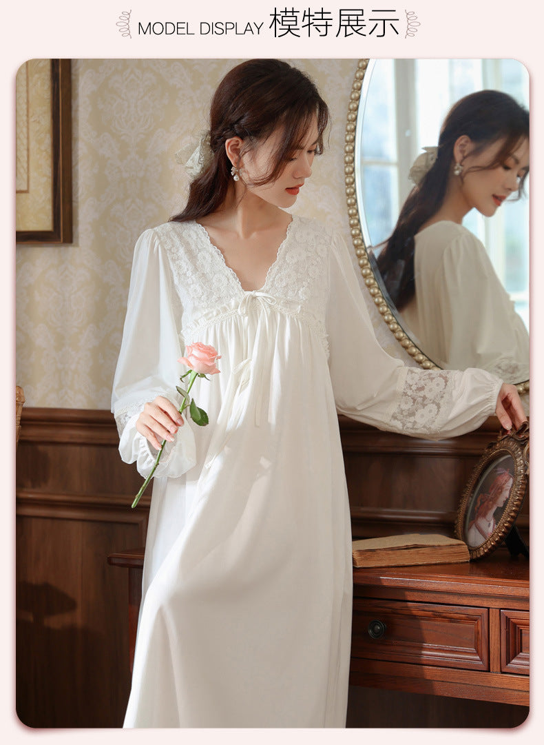 Women's long-sleeved nightdress spring cotton court style French lace princess temperament long pajamas can be worn outside home wear autumn and winter