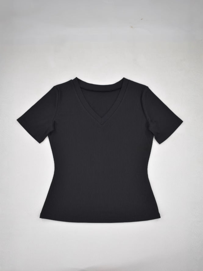 Solid Color Ribbed Pit V-Neck Short-Sleeve Tee