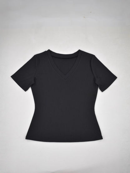 Solid Color Ribbed Pit V-Neck Short-Sleeve Tee