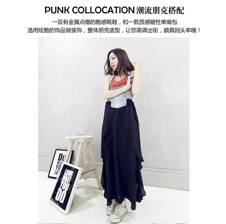 2024 Summer New Korean Style plus size Loose Fashionable Casual Denim Stitching Chiffon Strap Denim dress Women