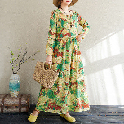 2025 Early Spring New Style Color Holiday Style Travel Crewneck Long Sleeve Retro Long Dress Women's Mat Covering Cotton and Linen dress