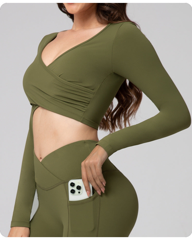 Feiyue European and American Sexy Cross Deep V Short Leaky Waist Solid Color Fitness Sports Leisure Long Sleeve Yoga Clothes Top for Women