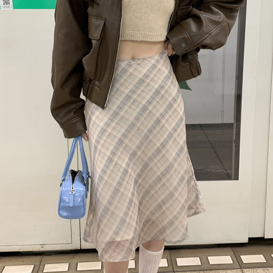 South Korea Chic French Style Vintage High Waist Covering All-Match Contrast Color Plaid Hip Skirt Fishtail Skirt Women's Korean Style Skirt