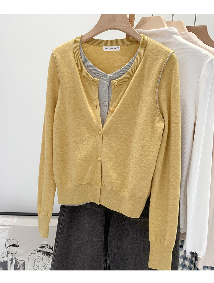 Beautiful V-neck Fake Two-piece Sleeve Knitted Cardigan Jacket Women's 2024 Autumn and Winter Western Style Unique Chic Slim Small Top