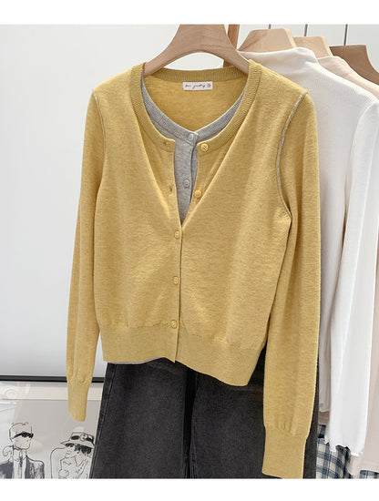 Beautiful V-neck Fake Two-piece Sleeve Knitted Cardigan Jacket Women's 2024 Autumn and Winter Western Style Unique Chic Slim Small Top