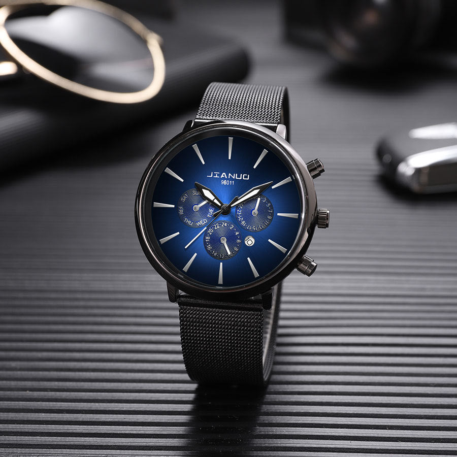 Korean Fashion Men's Mesh Band Watch Fashion Calendar Quartz Watch Business Casual Business Men's Cool Blue Watch