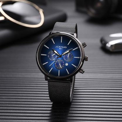 Korean Fashion Men's Mesh Band Watch Fashion Calendar Quartz Watch Business Casual Business Men's Cool Blue Watch