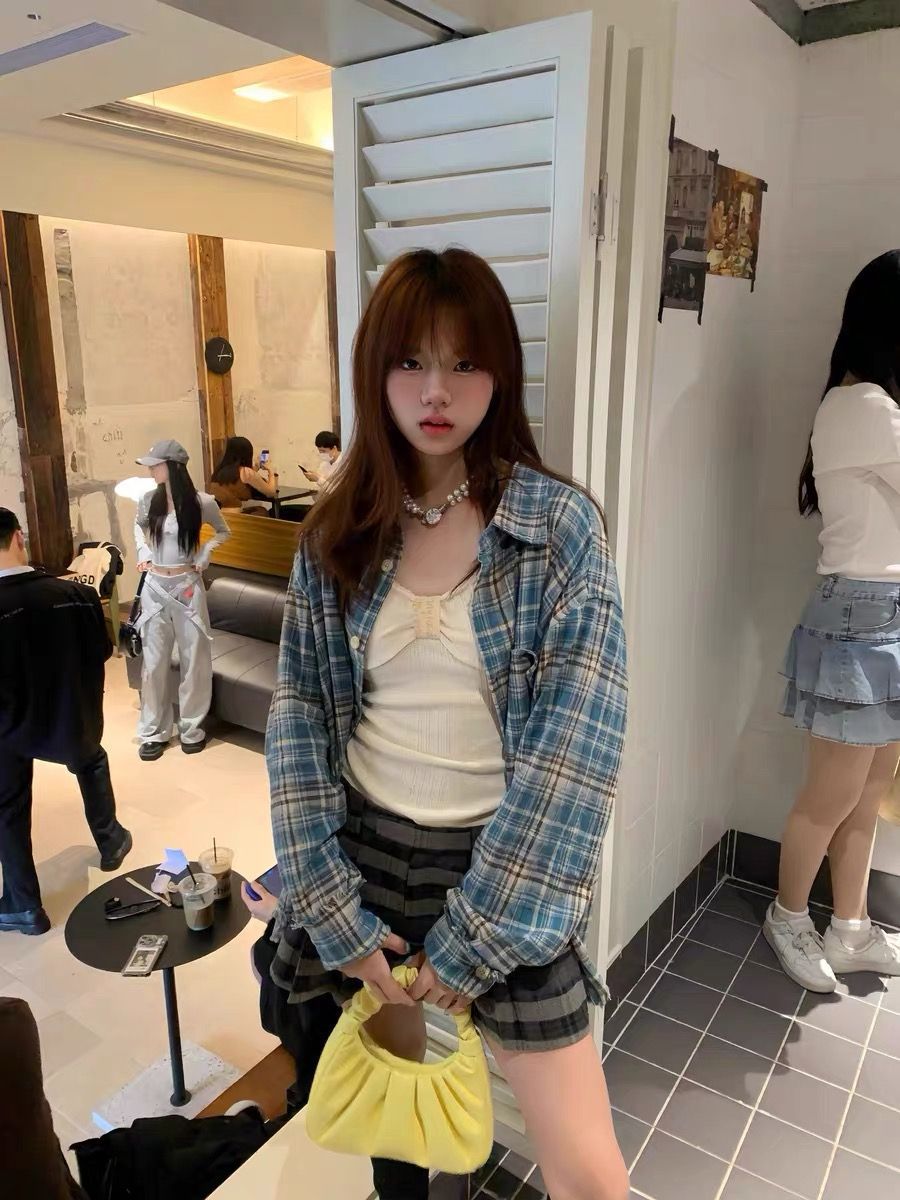 American-style Retro Blue Plaid Shirt Couple's Coat Spring and Autumn Loose Casual Sun-protective Shirt All-match Long-sleeved Top
