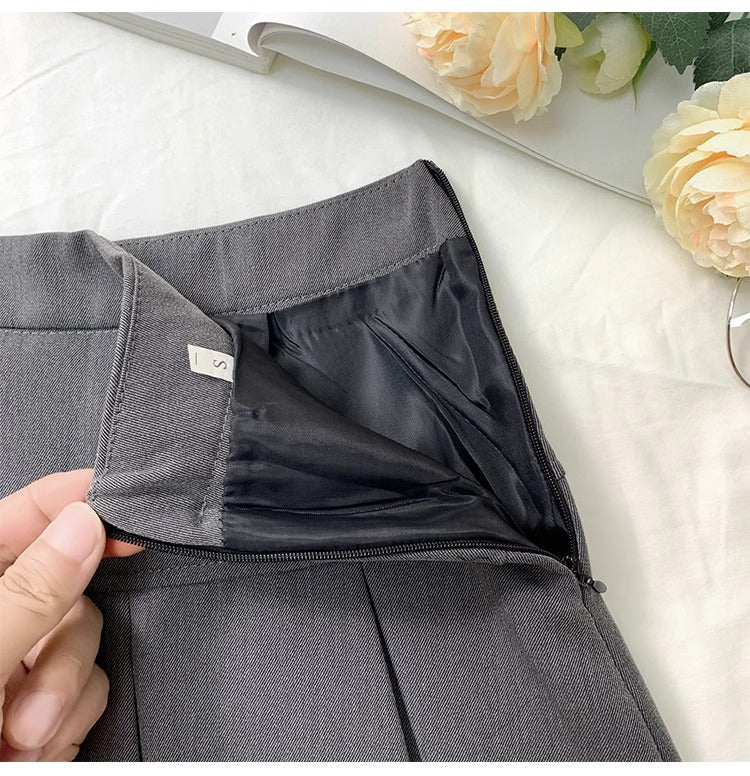 Grey Pleated Skirt Women's Spring and Autumn High Waist Skirt Design Sense Slimming All-match Anti-glare A- line Skirt 2024 New Style