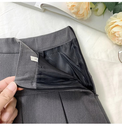 Grey Pleated Skirt Women's Spring and Autumn High Waist Skirt Design Sense Slimming All-match Anti-glare A- line Skirt 2024 New Style